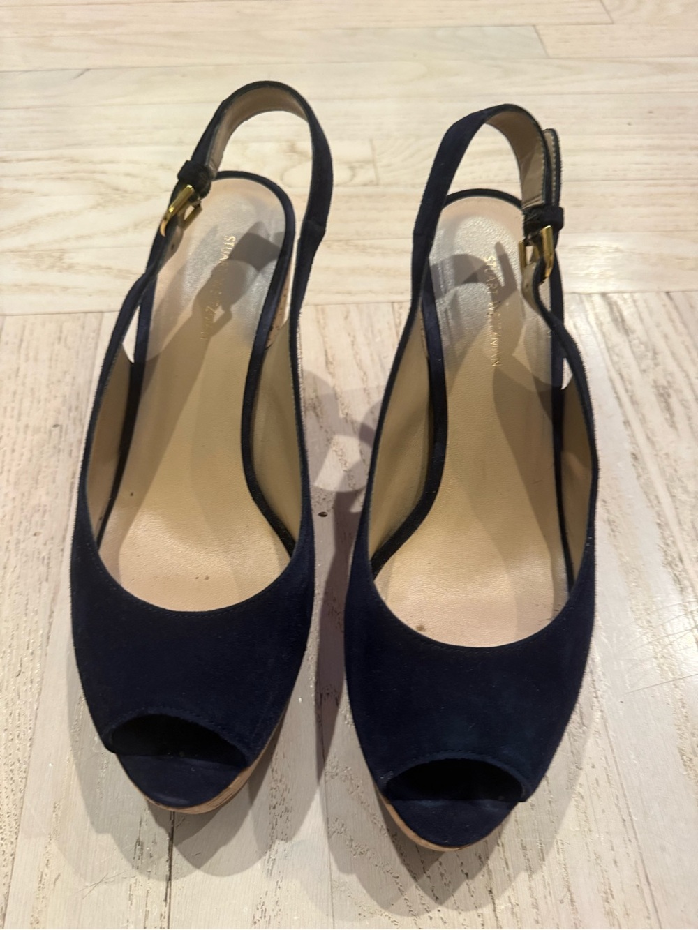 Stuart Weitzman 39.5 (9) Women’s Navy Suede Peep-Toe Slingback Wedges EUC 4”